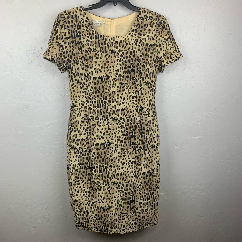 Maggy London Silk Midi Dress Womens Large Beige Leopard Print Back Center Zip